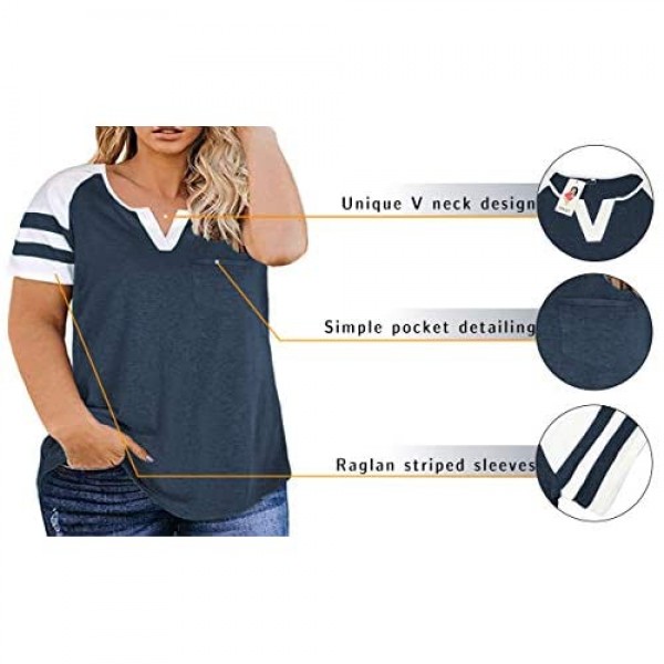 VISLILY Plus-Size Tops for Women Summer V Neck T Shirts Raglan Tees XL-4XL