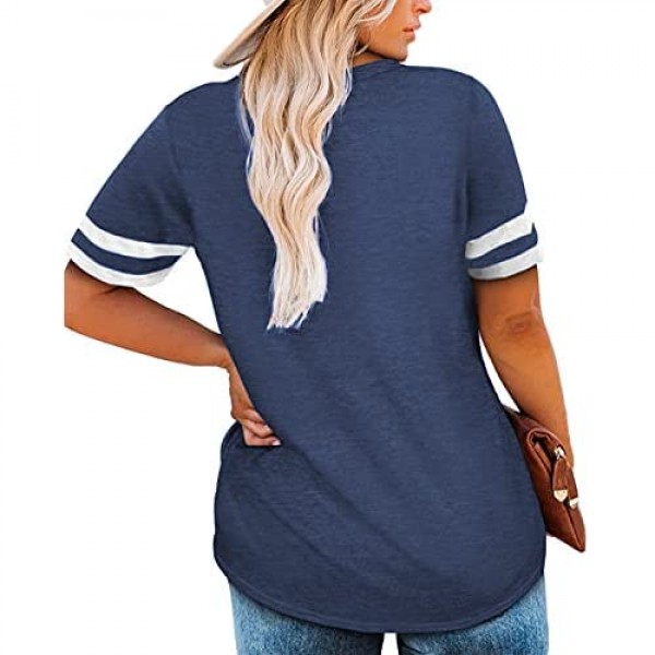 VISLILY Women's Plus-Size Tops Summer V-Neck T Shirts Short Sleeve Striped Tunics