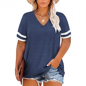 VISLILY Women's Plus-Size Tops Summer V-Neck T Shirts Short Sleeve Striped Tunics