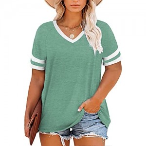 VISLILY Womens Plus-Size Tops Summer V Neck T Shirts Striped Short Sleeve Tee