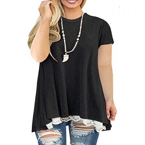 VISLILY Womens Plus Size XL-4XL Lace Short Sleeve A-Line Tunics Top Blouse Shirt