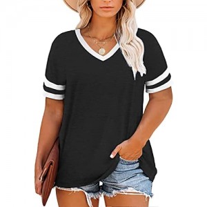 VOGRACE Womens Plus-Size Tops Striped V Neck T Shirts Short Sleeve Summer Tunics