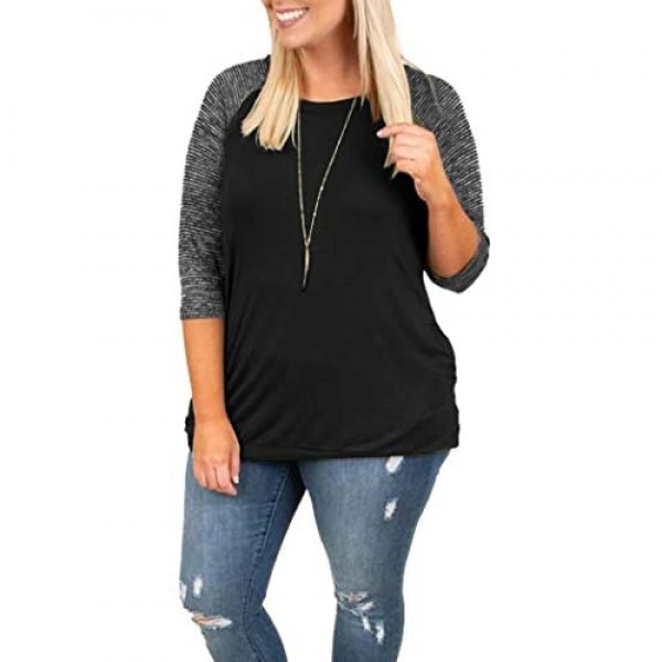 Womens Tops Plus Size Raglan Shirt 3/4 Sleeve Short Sleeve Striped Crew Neck Tshirt Tunic with Pockets