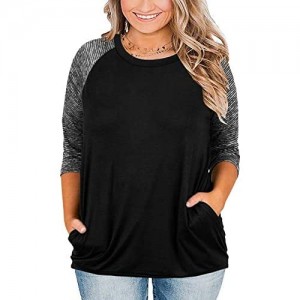 Womens Tops Plus Size Raglan Shirt 3/4 Sleeve Short Sleeve Striped Crew Neck Tshirt Tunic with Pockets