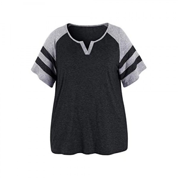 Yskkt Womens V Neck Raglan Short Sleeve T Shirt Plus Size Striped Loose Casual Baseball Tunic Tops