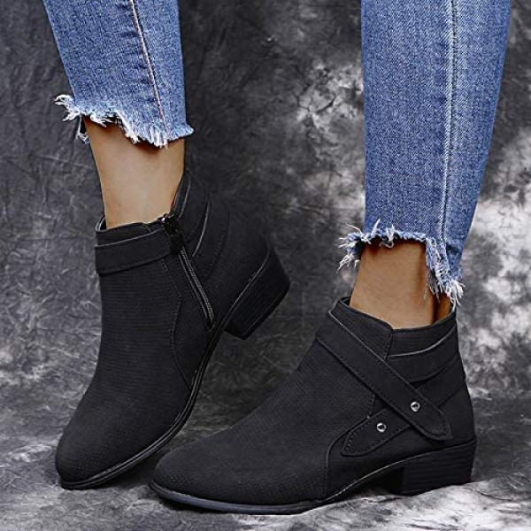 FEISI22 Women's Side Zipper Buckle Deco Laces High Stacked Block Heel Ankle Booties