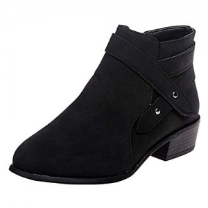 FEISI22 Women's Side Zipper Buckle Deco Laces High Stacked Block Heel Ankle Booties