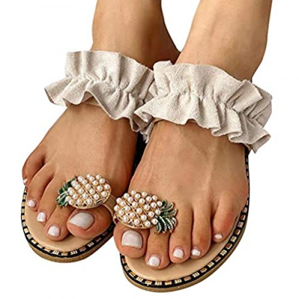 PLENTOP Pineapple Rhinestone Sandals for Women Ring Toe Shiny Flip Flops Slip-On Slide Single Band Non-Slip Flat Slippers