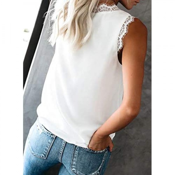 BLENCOT Women's V Neck Lace Trim Tank Tops Casual Loose Sleeveless Blouse Shirts