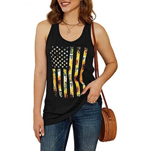 Ferrtye Womens Sunflower Tank Tops American Flag Print Racerback Casual Summer Shirts