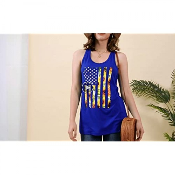 Ferrtye Womens Sunflower Tank Tops American Flag Print Racerback Casual Summer Shirts