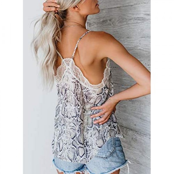 Happy Sailed Womens V Neck Printed Lace Trim Cami Tank Tops Strappy Camisole Shirts
