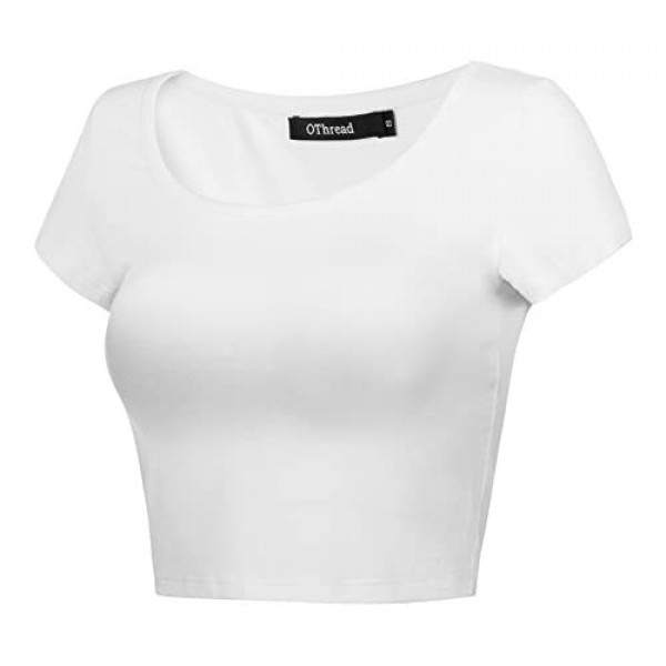 OThread & Co. Women's Basic Crop Tops Stretchy Casual Scoop Neck Cap Sleeve Shirt