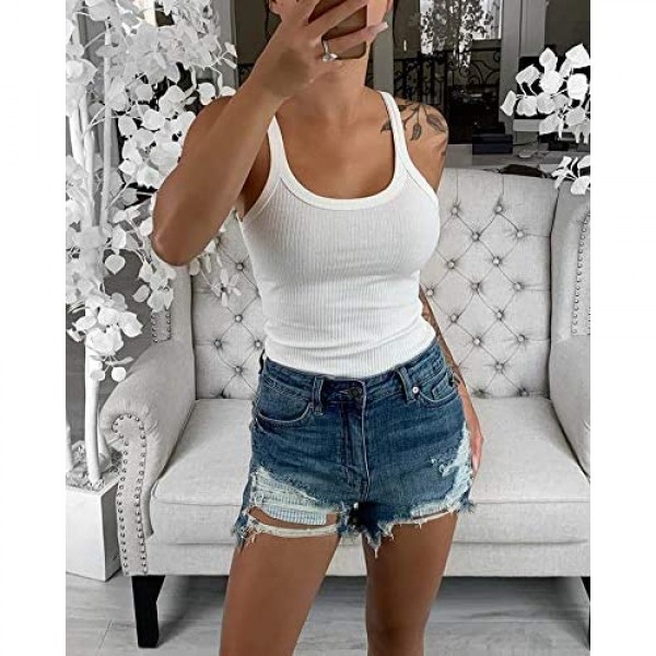 Pepochic Women's Scoop Neck Ribbed Tank Tops Workout Sleeveless Summer Casual Fitted Cami Shirt