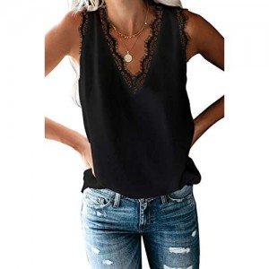 VIISHOW Women's V Neck Lace Trim Casual Tank Tops Sleeveless Floral Printed Chiffon Blouses Shirts