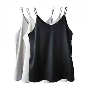 Wantschun Womens Silk Satin Camisole Cami Plain Strappy Vest Top T-Shirt Blouse Tank Shirt V-Neck Spaghetti Strap XXS-4XL