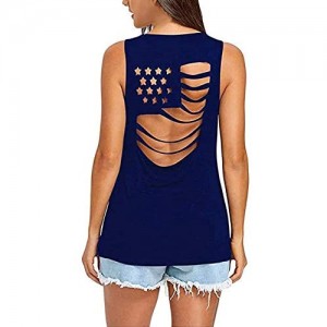 Women Casual American Flag Pattem Sleeveless T-Shirt Hollow Out Top Carved a Hole Sleeveless Tank