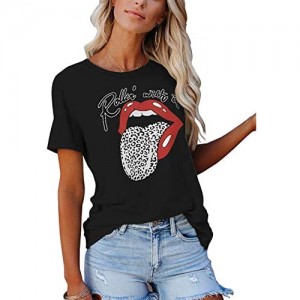 APOFER Women's Casual Short Sleeve Shirts Leopard Lip Print T-Shirts Crew Neck Basic Summer Tops