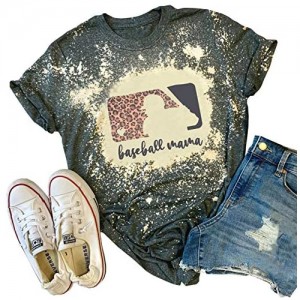 Baseball Mama Bleached T-Shirt for Women Funny Leopard Graphic Mama Distressed Shirt Letter Print Baseball Mom Tee Tops