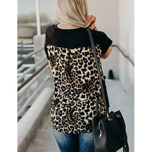 Blooming Jelly Women's Leopard Print Tops Loose V Neck Shirts Short Sleeve Blouses with Pocket