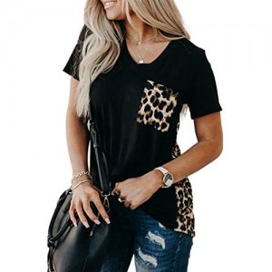 Blooming Jelly Women's Leopard Print Tops Loose V Neck Shirts Short Sleeve Blouses with Pocket