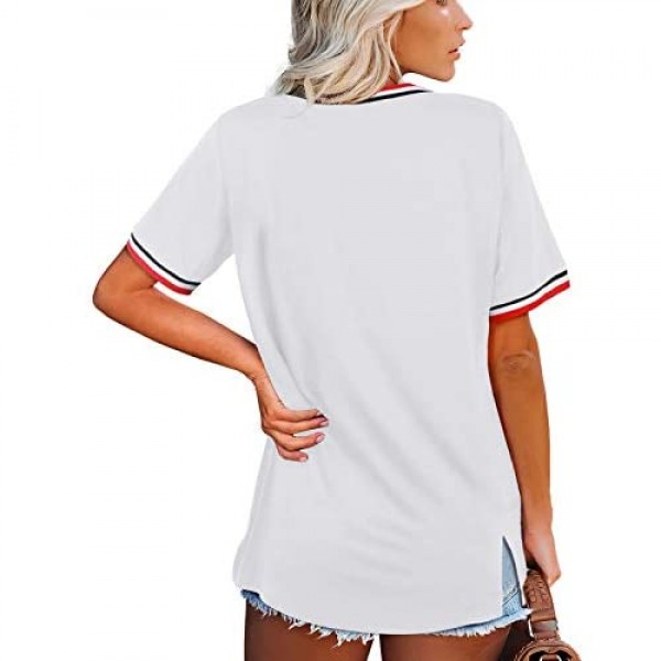Bofell Womens T Shirts Loose Fit V Neck Tops Side Split Short Sleeve Tee Shirts S-2XL