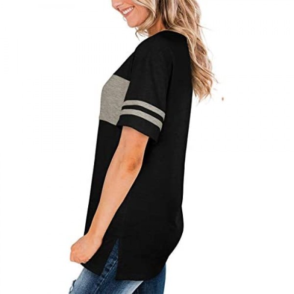 Bofell Womens Tshirts Short Sleeve Summer Tops Color Block Side Split Shirts Crew Neck