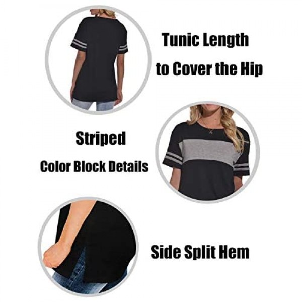 Bofell Womens Tshirts Short Sleeve Summer Tops Color Block Side Split Shirts Crew Neck