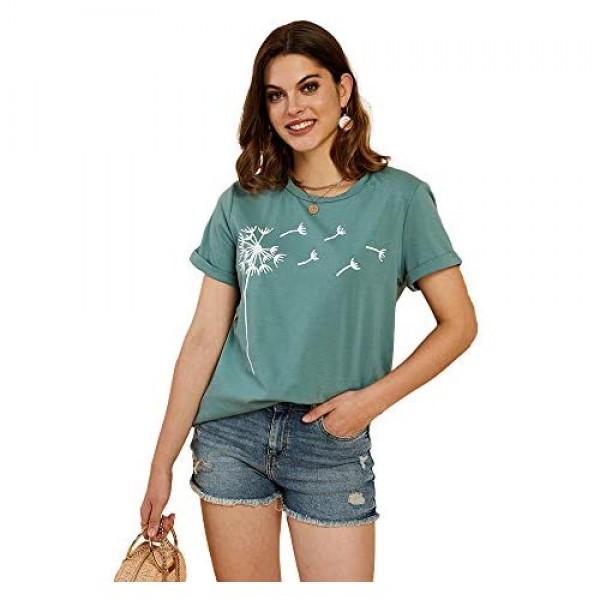 Cicy Bell Womens Dandelion Print T Shirts Cute Graphic Tees Short Sleeve Summer Cotton Tee Tops