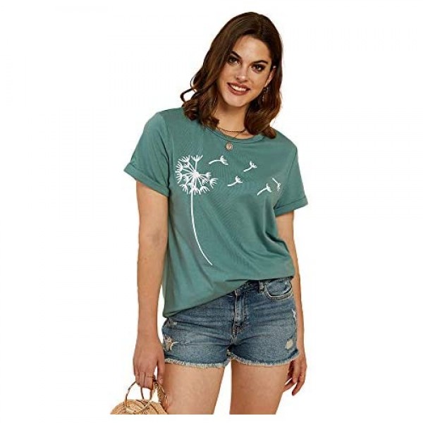 Cicy Bell Womens Dandelion Print T Shirts Cute Graphic Tees Short Sleeve Summer Cotton Tee Tops