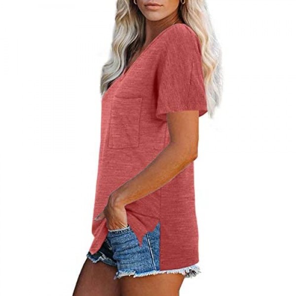 Dofaoo Women's V Neck Short Sleeve T-Shirts Side Split Pocket Summer Tee Tops