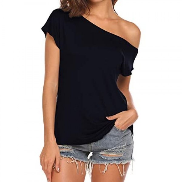 Halife Women's Casual Off The Shoulder Tops Short Sleeve T Shirts Loose Summer Blouse Shirt