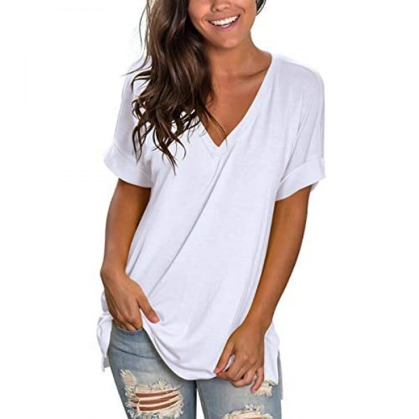 Ladies Summer Tops Rolled Short Sleeve Shirts Ladies Flowy Tees White S