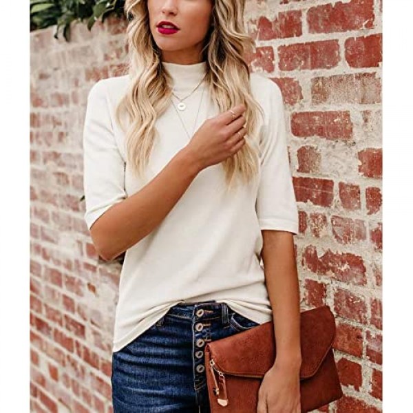 LIYOHON Women's Casual Plain T-Shirt Mock/Turtle Neck Half Sleeve Solid Blouses Slim Fitted Cute Tee Tops