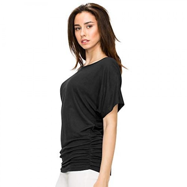 Made By Johnny MBJ Women's Solid Short Sleeve Boat Neck V Neck Dolman Top with Side Shirring