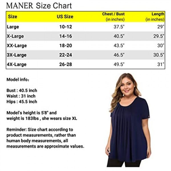 MANER Women's Plus Size Tops Short Sleeve Flowy Shirts Casual Blouses Tunic Tops L-4XL