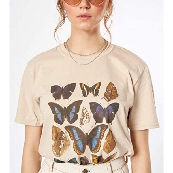 Meladyan Women’s Butterfly Printed Graphic Loose Tee Short Sleeve Round Neck Loose Tshirt Tops