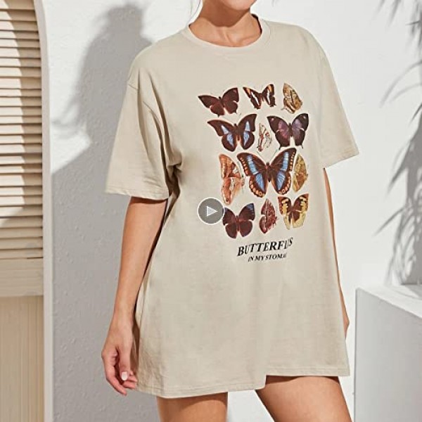 Meladyan Women’s Butterfly Printed Graphic Loose Tee Short Sleeve Round Neck Loose Tshirt Tops