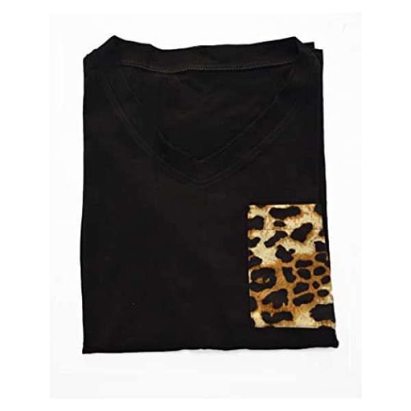 Minclouse Women's Leopard Pocket Summer Tops Short Sleeves V Neck T Shirt Casual Basic Tees with Side Slits