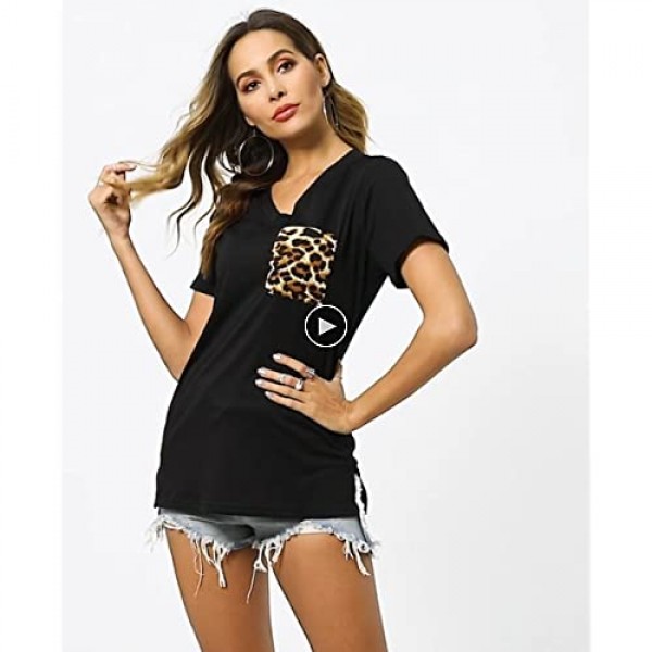 Minclouse Women's Leopard Pocket Summer Tops Short Sleeves V Neck T Shirt Casual Basic Tees with Side Slits