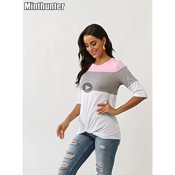 Minthunter Women's Half Sleeve T Shirts Casual Color Block Round Neck Spring Tops