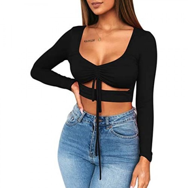 Mizoci Women's Sexy Ruched Tie Up Crop Top Basic Long Sleeve Cut Out T Shirt