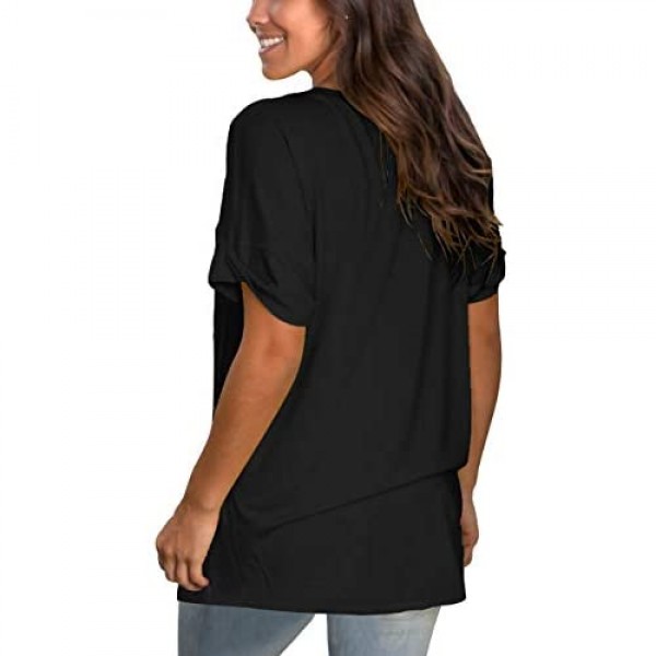 NSQTBA Womens Basic V Neck T Shirts Rolled Short Sleeve Summer Casual Tops with Pocket S-2XL