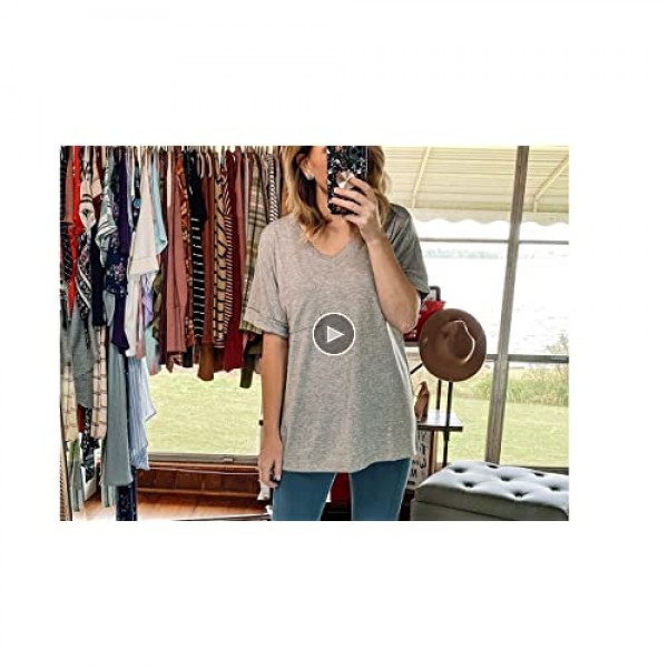 NSQTBA Womens Basic V Neck T Shirts Rolled Short Sleeve Summer Casual Tops with Pocket S-2XL