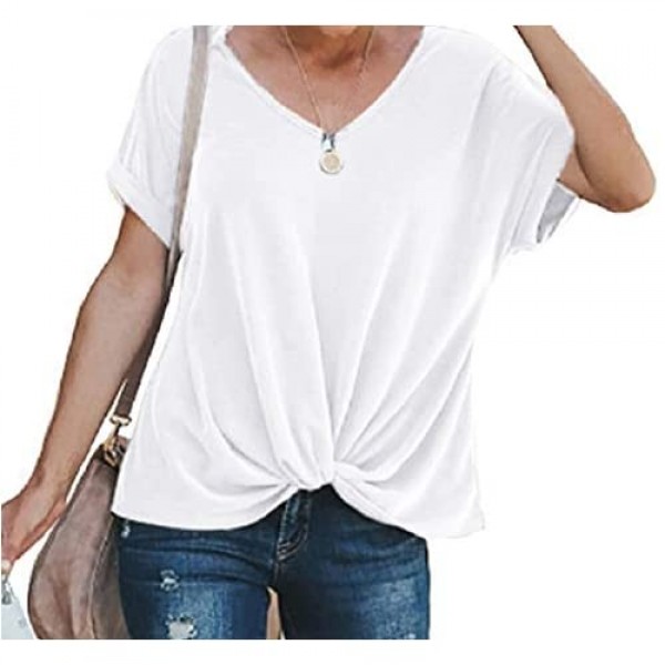 NSQTBA Womens Rolled Short/Long Sleeve Tops V Neck T Shirts Summer Blouses Knot Front Tees