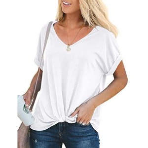 NSQTBA Womens Rolled Short/Long Sleeve Tops V Neck T Shirts Summer Blouses Knot Front Tees