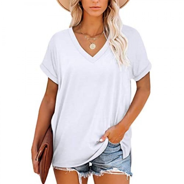 NSQTBA Womens T Shirts V Neck Roll Sleeve Tshirts Loose Fit Summer Tops Side Split