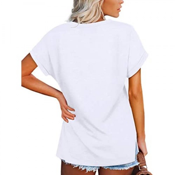 NSQTBA Womens T Shirts V Neck Roll Sleeve Tshirts Loose Fit Summer Tops Side Split