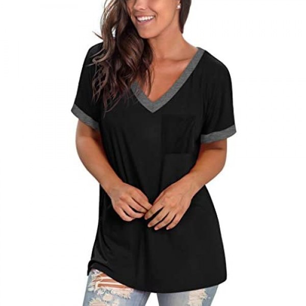NSQTBA Womens Tshirts V Neck Loose Fit Casual Summer Tops with Pocket