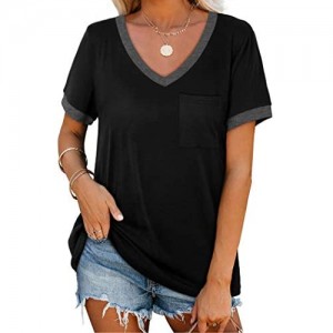 NSQTBA Womens Tshirts V Neck Loose Fit Casual Summer Tops with Pocket